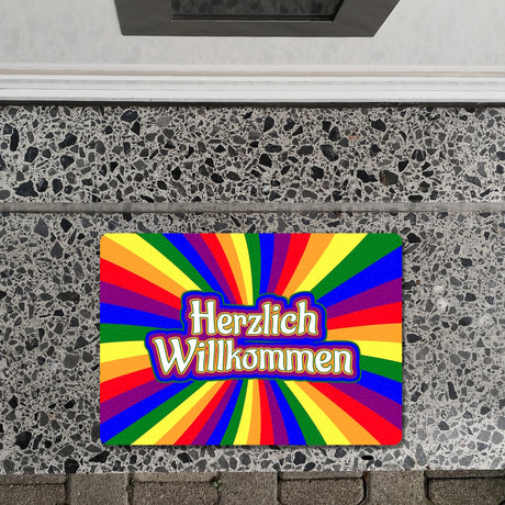 Farbenfrohe Herzlich Willkommen Fußmatte in 35x50 cm ohne Rand in bunten Regenbogenfarben