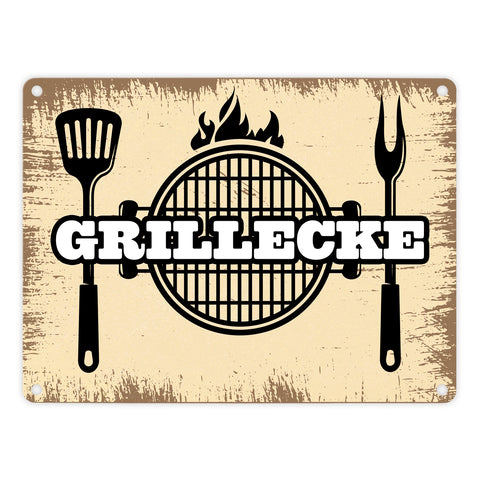 Grillecke Metallschild mit coolem Grillmotiv auf beigem Hintergrund