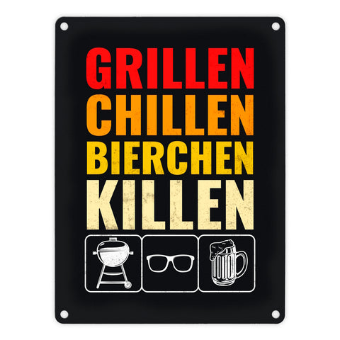 Grillen, Chillen, Bierchen Killen Metallschild mit Grill-, Sonnenbrille- und Biermotiv