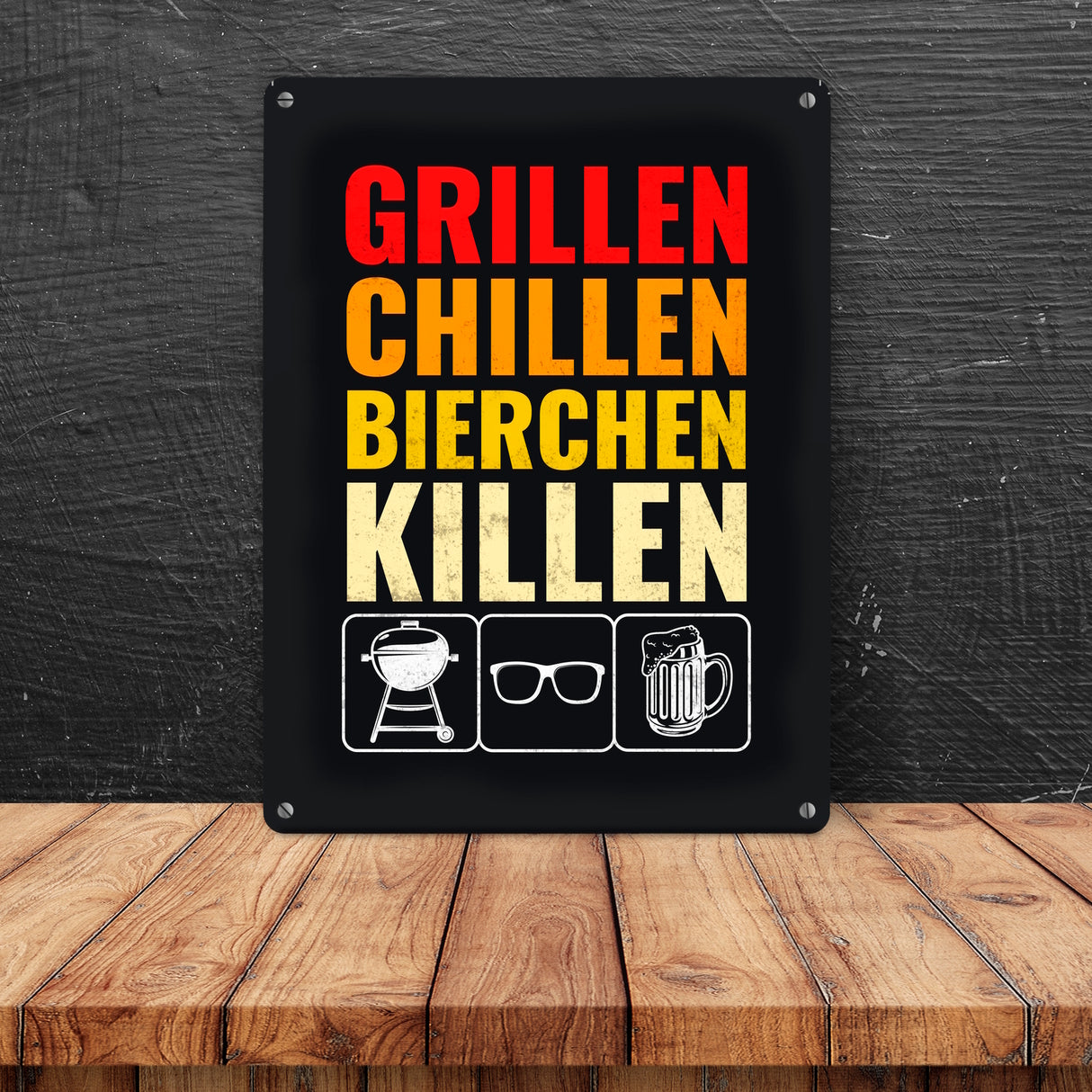 Grillen, Chillen, Bierchen Killen Metallschild mit Grill-, Sonnenbrille- und Biermotiv
