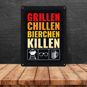 Grillen, Chillen, Bierchen Killen Metallschild mit Grill-, Sonnenbrille- und Biermotiv