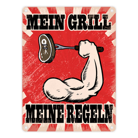 Mein Grill Meine Regeln Metallschild mit starkem Arm Motiv