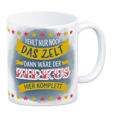 Fehlt nur noch das Zelt, dann wäre der Zirkus hier komplett Kaffeebecher mit buntem Zirkusdesign