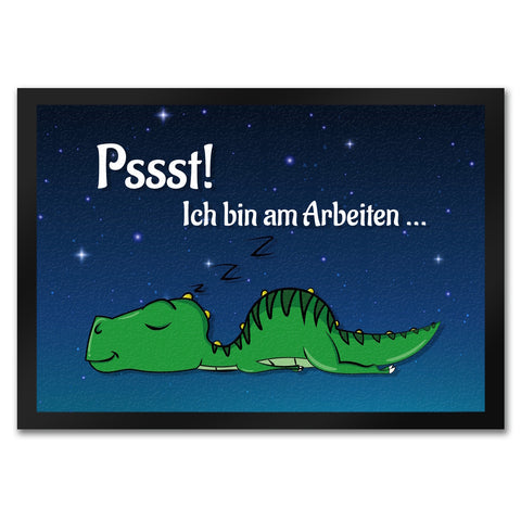 T-Rex Fußmatte in 35x50 cm mit Spruch Pssst! Bin am arbeiten und schlafendem Dino