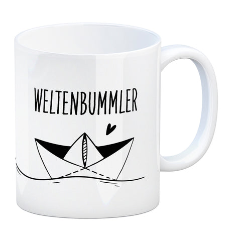 Weltenbummler Kaffeebecher mit schönem Papierschiff Motiv