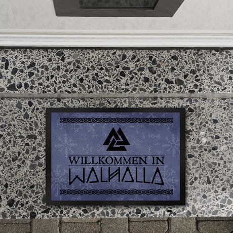 Willkommen in Walhalla Wikinger Fußmatte mit Runen und Knoten Motiven