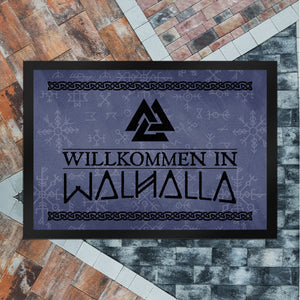 Willkommen in Walhalla Wikinger Fußmatte mit Runen und Knoten Motiven
