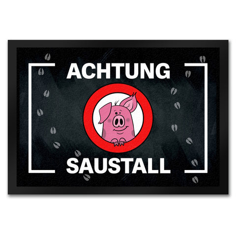 Achtung Saustall Fußmatte mit niedlichem Comic-Schwein im Warnkreis