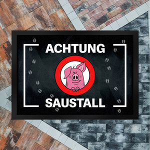 Achtung Saustall Fußmatte mit niedlichem Comic-Schwein im Warnkreis