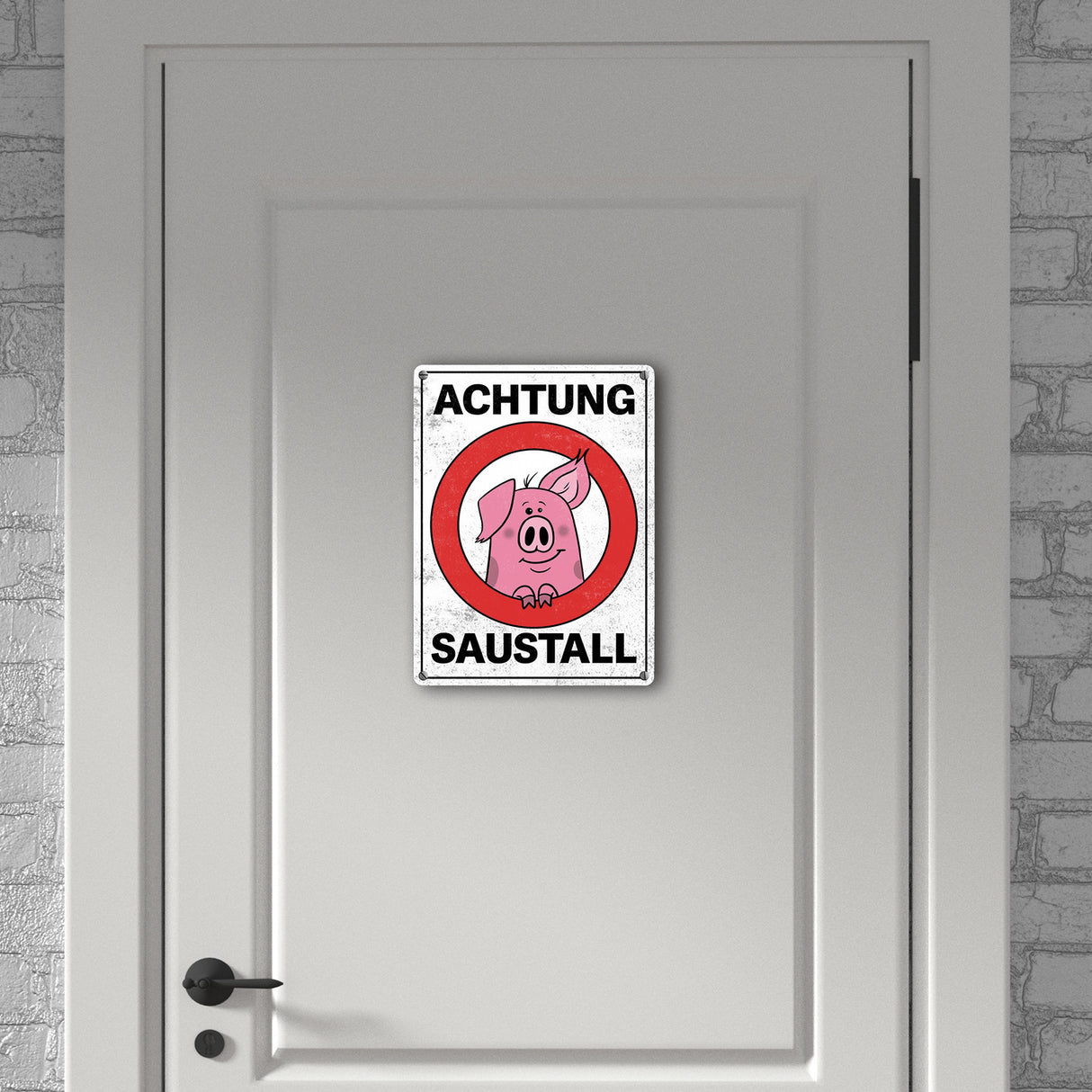 Achtung Saustall Metallschild mit lustigem Comic-Schwein in einem Warnkreis