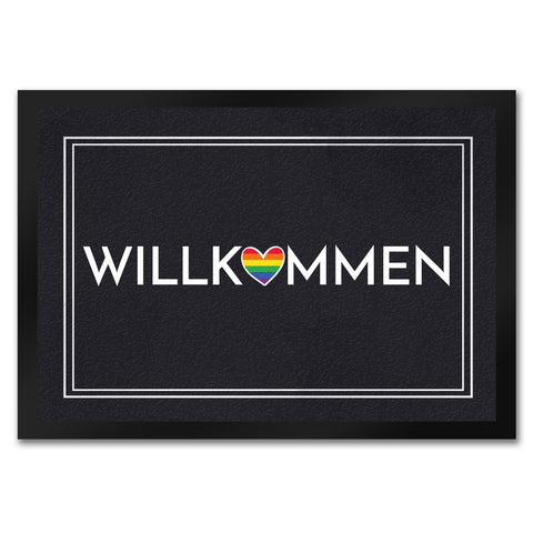 Willkommen Fußmatte mit buntem Regenbogen-Herz