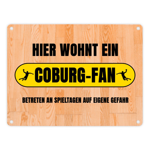 Hier wohnt ein Coburg-Fan Metallschild in 15x20 cm mit Turnhallenboden Motiv