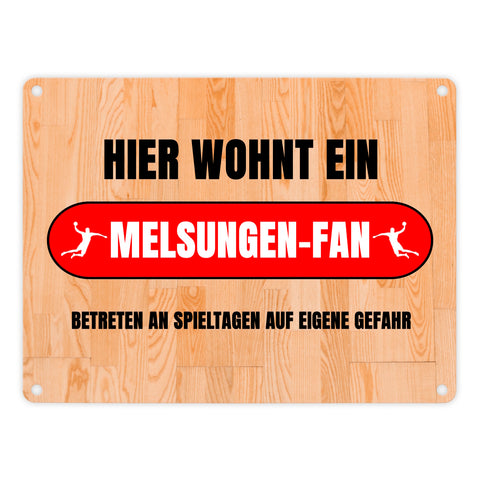 Hier wohnt ein Melsungen-Fan Metallschild in 15x20 cm mit Turnhallenboden Motiv