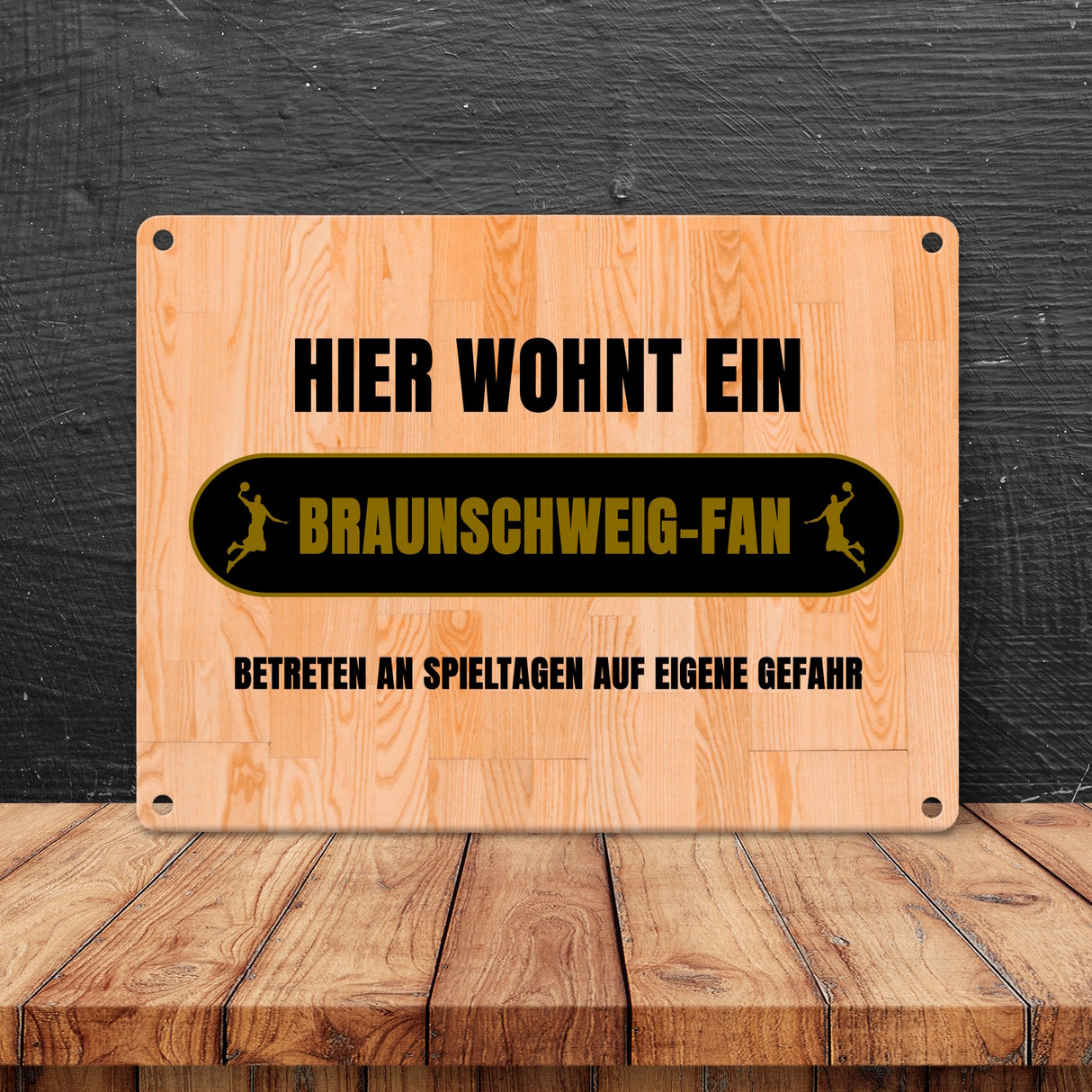 Hier wohnt ein Braunschweig-Fan Metallschild in 15x20 cm mit Turnhallenboden Motiv