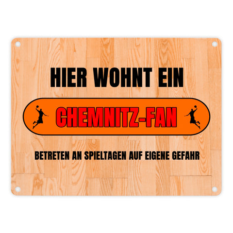 Hier wohnt ein Chemnitz-Fan Metallschild in 15x20 cm mit Turnhallenboden Motiv