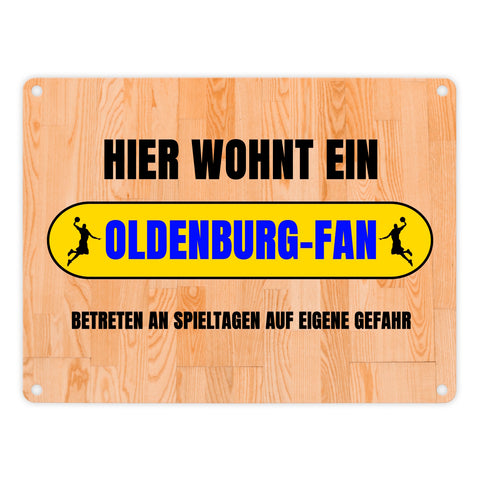 Hier wohnt ein Oldenburg-Fan Metallschild in 15x20 cm mit Turnhallenboden Motiv