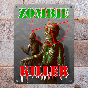 Metallschild Zombie Killer mit Fadekreuz und zwei Zombies im Comic-Design