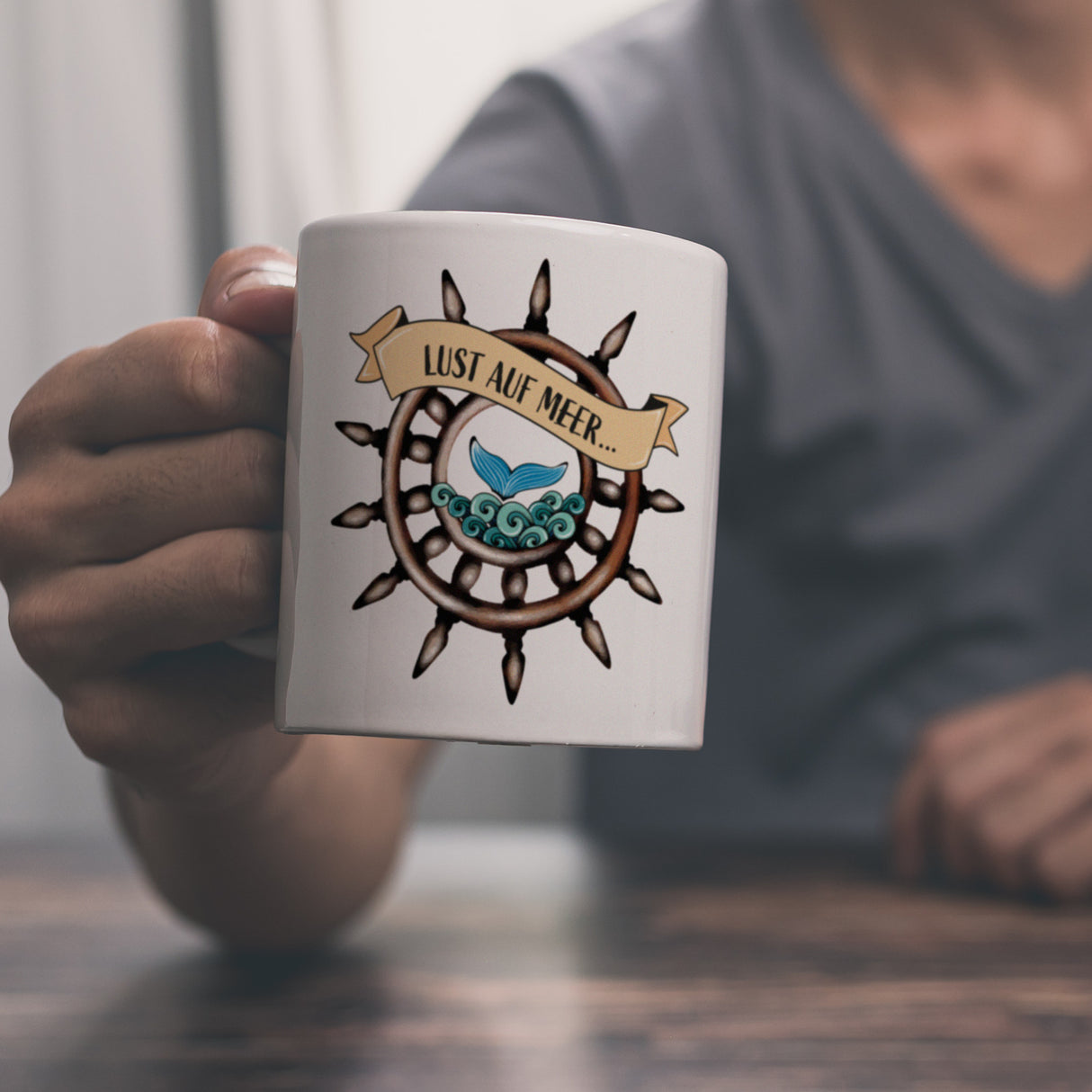 Kaffeebecher Lust auf Meer mit maritimen Motiv Flosse Steuerrad Meer Wellen
