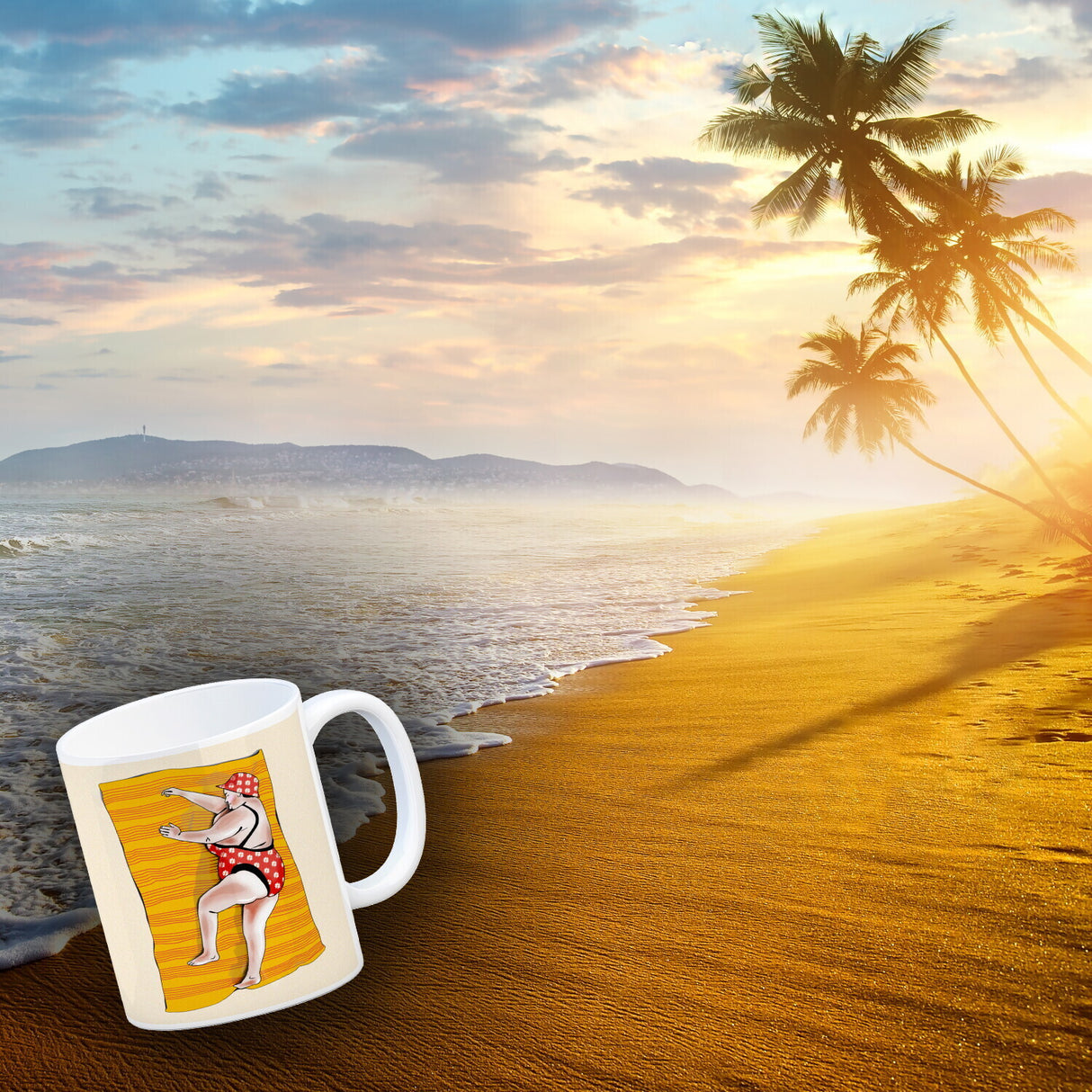 Kaffeebecher Urlaub ist, wenn man viel isst mit Strandmotiv und Spruch zum Thema Essen