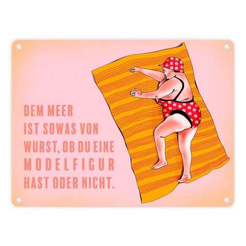 Metallschild mit lustigem Spruch zum Thema Modelfigur und Comic-Dame im Badeanzug