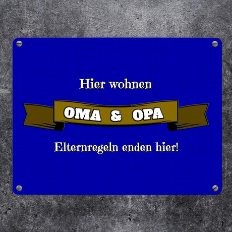 Metallschild in 15x20 cm Hier wohnen Oma & Opa mit Stoffoptik und Banner