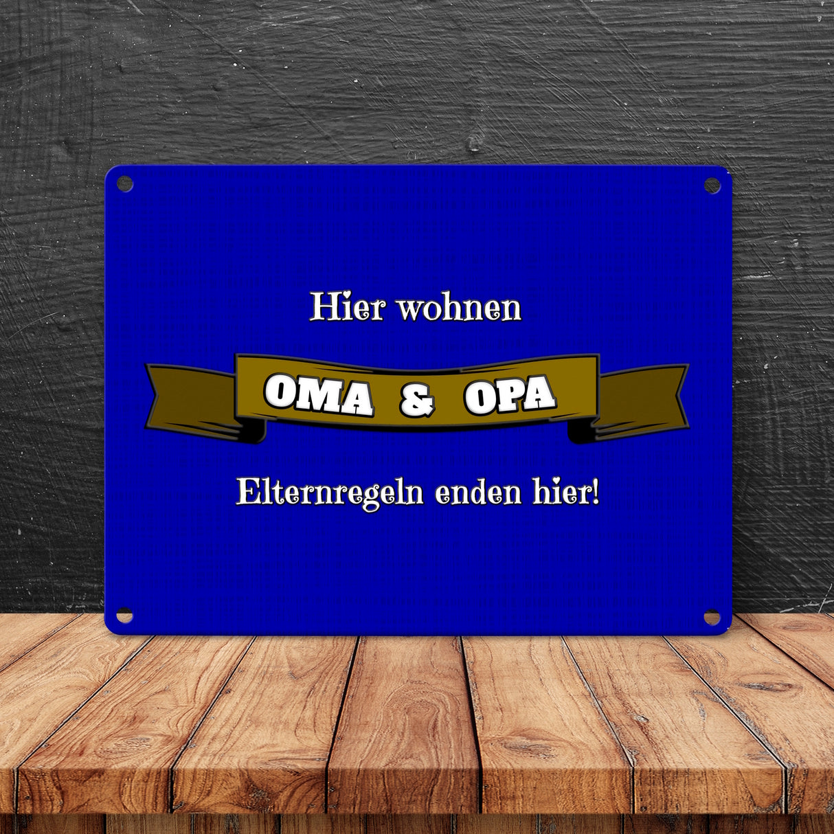 Metallschild in 15x20 cm Hier wohnen Oma & Opa mit Stoffoptik und Banner