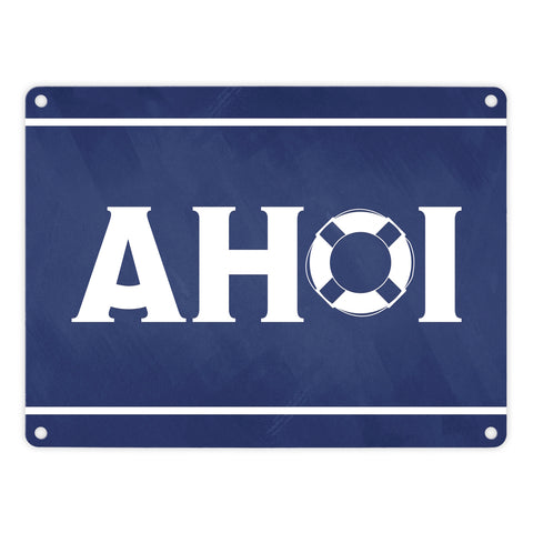 Metallschild Ahoi - mit Maritim Rettungsring Motiv