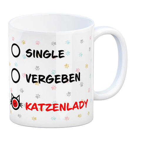 Kaffeebecher mit Motiv - Katzenlady Single Vergeben zum Ankreuzen