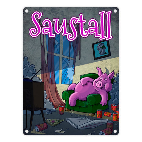 Metallschild mit Motiv - Saustall und Motiv: dickes Schwein liegt auf Couch