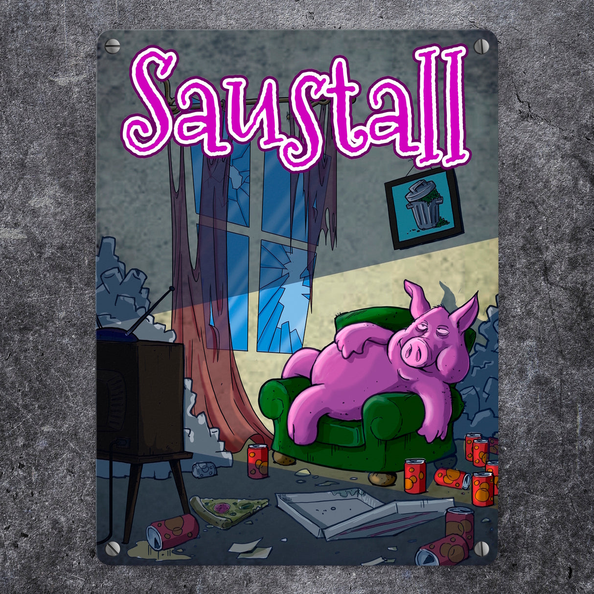 Metallschild mit Motiv - Saustall und Motiv: dickes Schwein liegt auf Couch