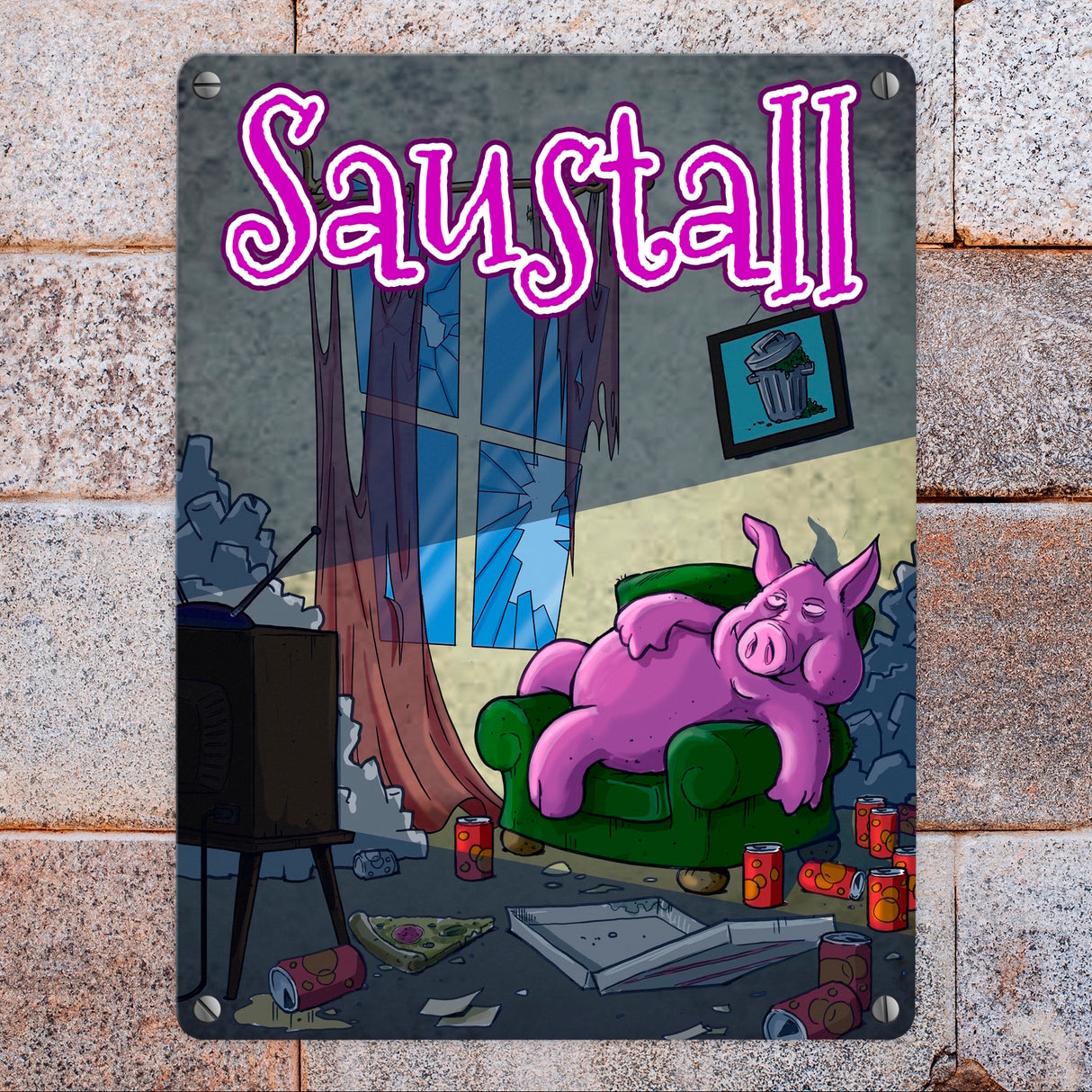 Metallschild mit Motiv - Saustall und Motiv: dickes Schwein liegt auf Couch