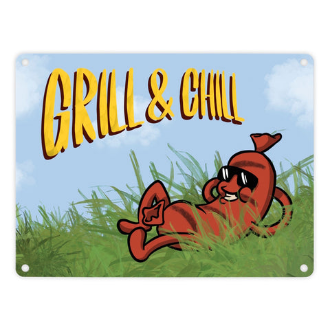 Metallschild Sommer Motiv - Bratwurst am Sonnenbaden mit Spruch Grill & Chill