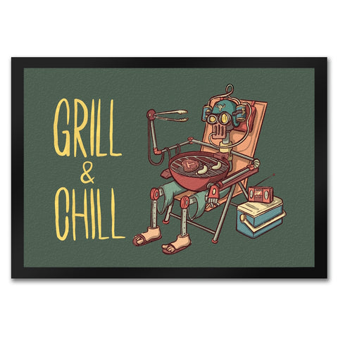 Fußmatte mit Grillmeister Motiv - Retro Grillroboter mit Spruch: Grill & Chill