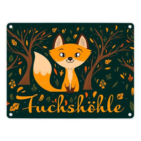 Metallschild mit niedlichem Fuchs im Wald und Herbst Motiven - Fuchshöhle