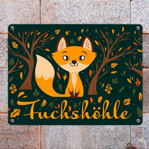 Metallschild mit niedlichem Fuchs im Wald und Herbst Motiven - Fuchshöhle