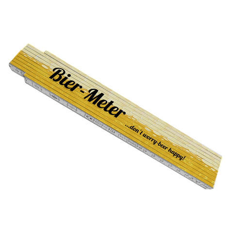 Bier-Meter don´t worry- beer happy! Meterstab aus Holz mit Bier Hintergrund