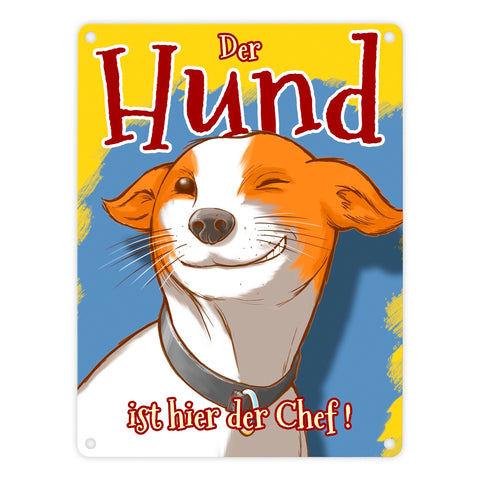 Metallschild mit süßem Hunde Motiv und Spruch - Der Hund ist hier der Chef!