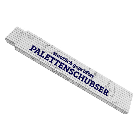 Palettenschubser Meterstab aus Holz mit Marmorhintergrund