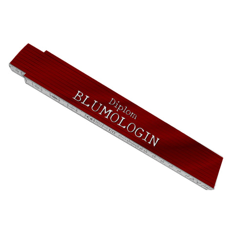 Diplom Blumologin Meterstab aus Holz mit rotem Hintergrund