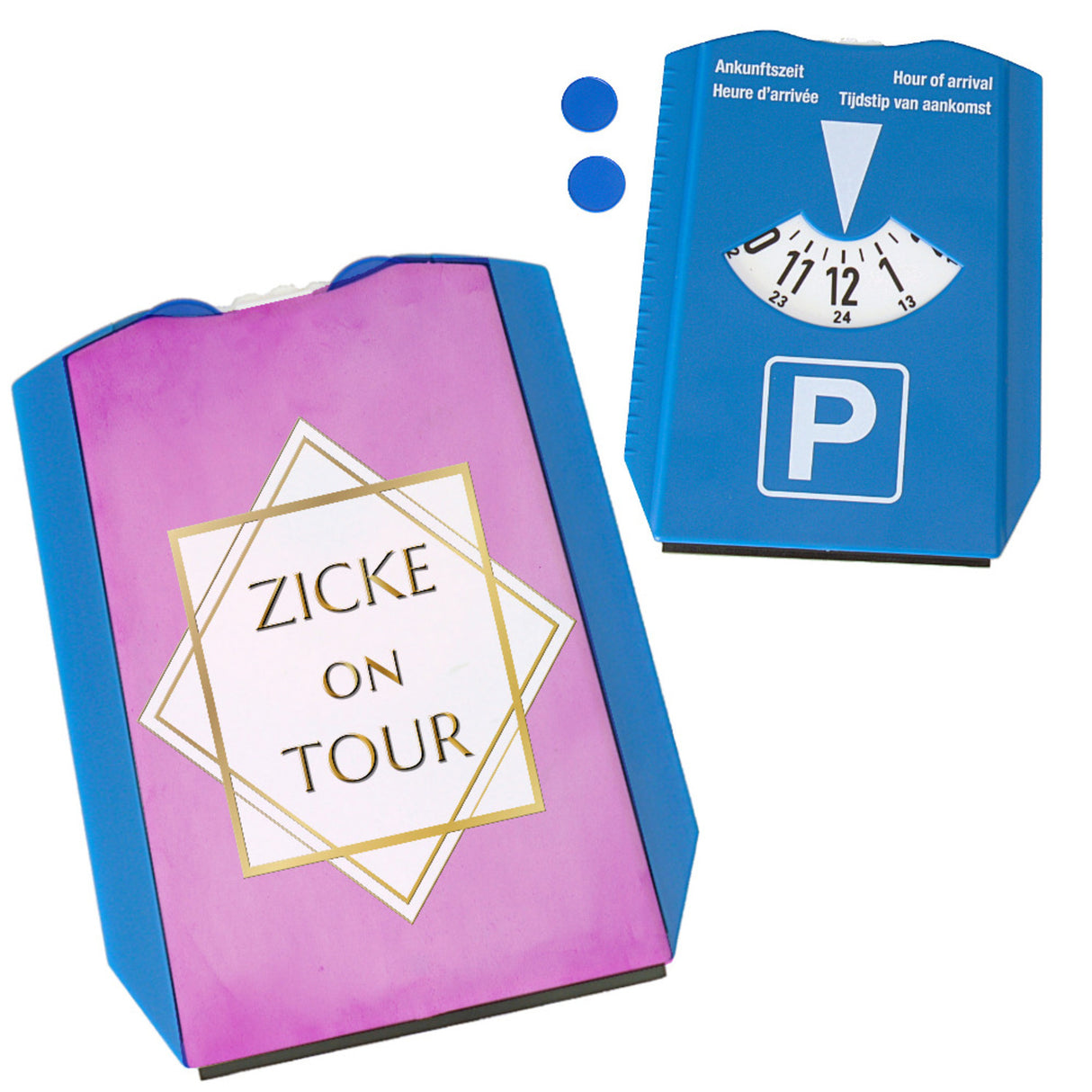 Zicke on Tour Parkscheibe mit Goldrahmen mit 2 Einkaufswagenchips