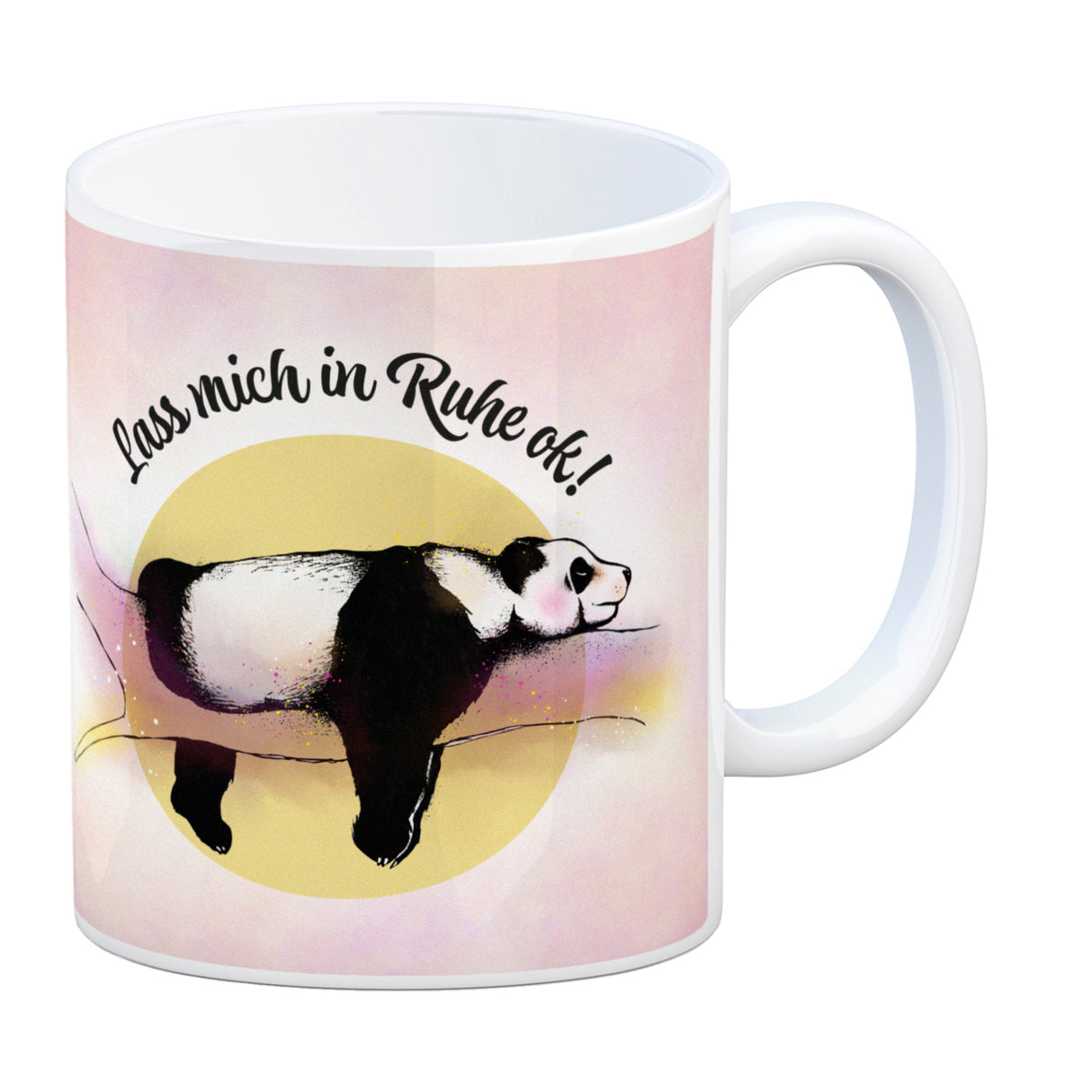 Panda auf einem Ast Kaffeebecher Lass mich in Ruhe ok! in bunten Farben