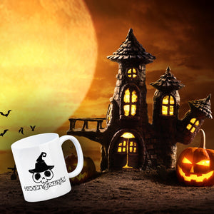 Kaffeebecher mit lustigem Halloween Motiv - Totenkopf mit Hexenhut