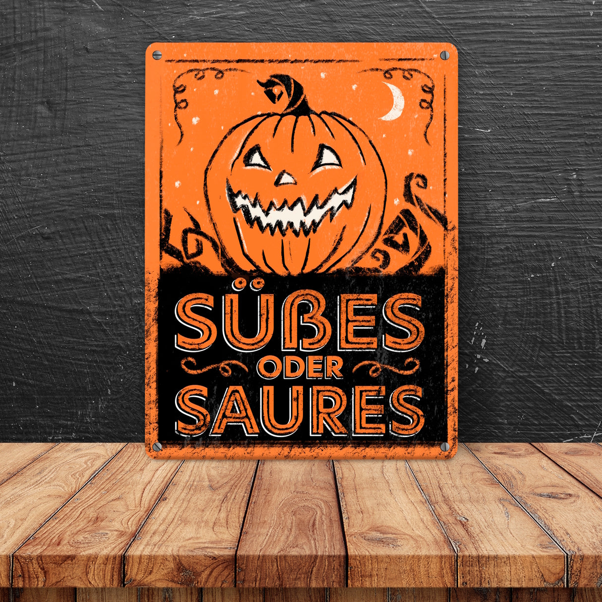 Metallschild mit Halloween Kürbis Motiv im used Look - Süßes oder Saures
