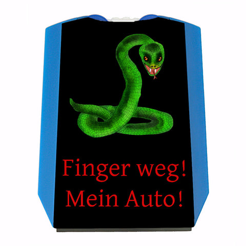Parkscheibe mit Schlange und lustigem Spruch auf schwarzem Hintergrund