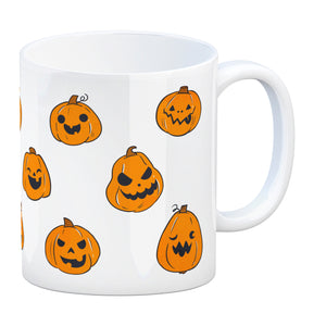 Kaffeebecher im Halloween Design - mit vielen lustigen geschnitzten Kürbisköpfen