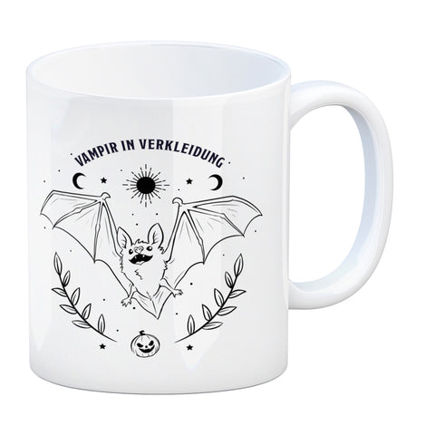 Kaffeebecher mit Fledermaus Motiv und Spruch - Vampir in Verkleidung