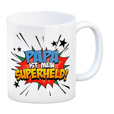 Kaffeetasse mit knalligem Comic Motiv und Spruch - Papa ist mein Superheld