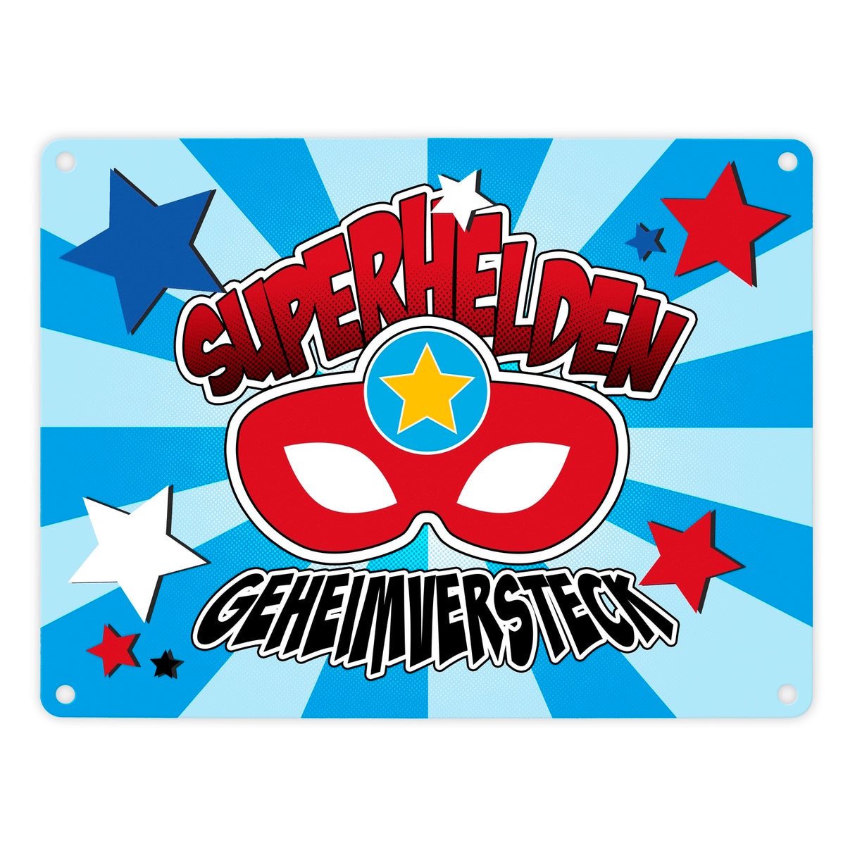 Superhelden Geheimversteck Metallschild im Comicdesign mit Superhelden Maske