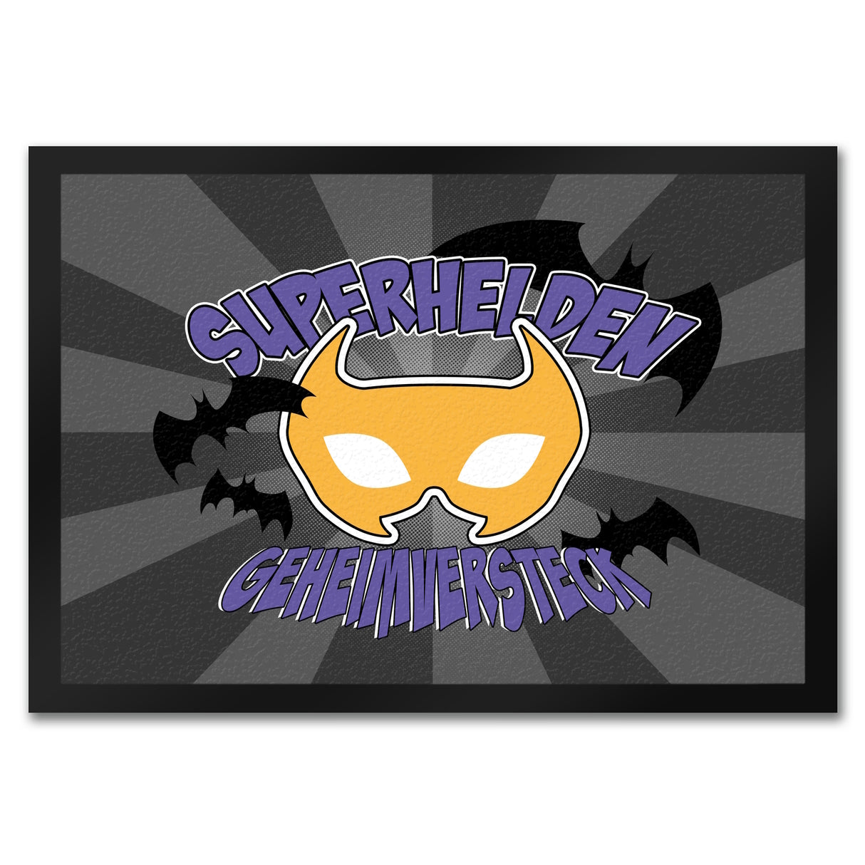 Superhelden Geheimversteck Fußmatte im Comicdesign mit Fledermäusen