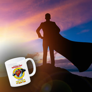 Kaffeebecher Comic mit Spruch - Wer braucht schon Superhelden? Ich habe Papa